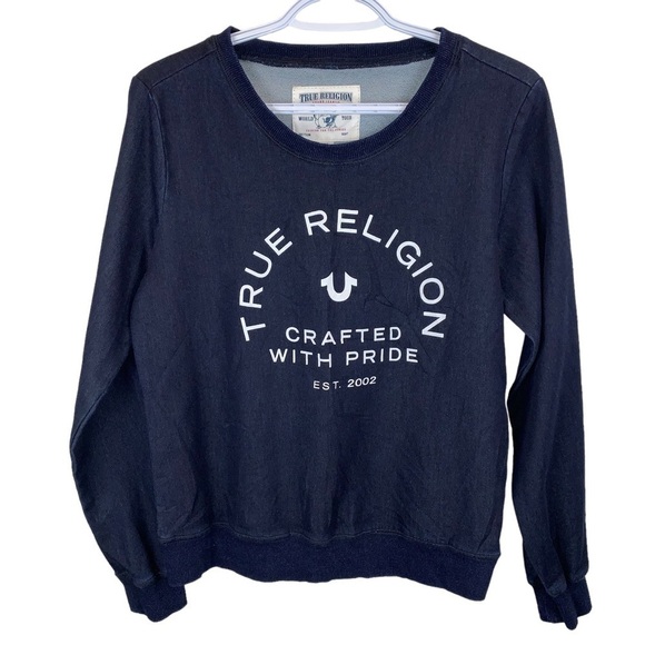 True Religion Navy Blue Crew Neck Graphic Logo Sweatshirt Women's S - Picture 1 of 7